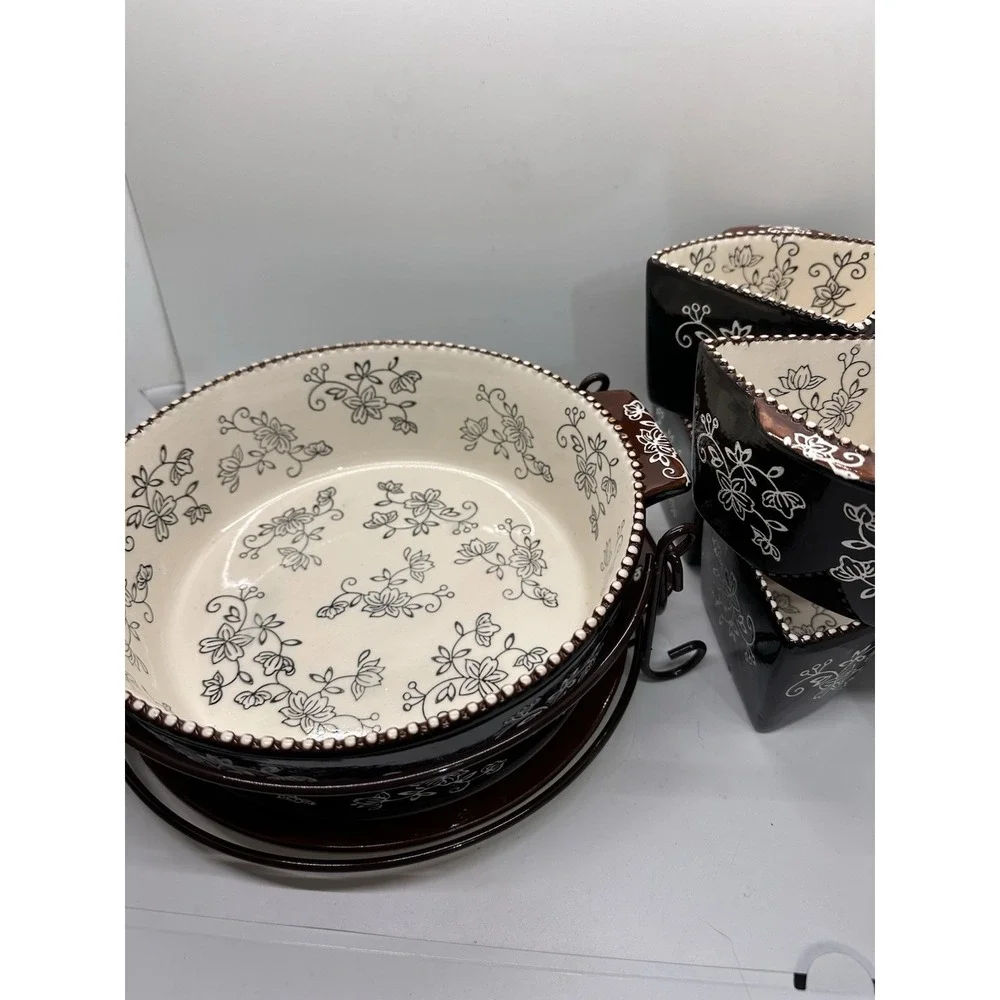 Temp-tations Tara Black Floral Lace 7 Pc Serving Set Rack Trivet Ovenware
